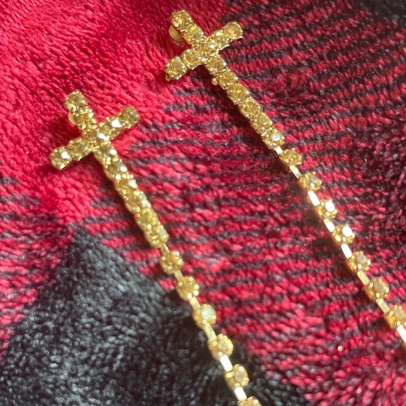Long cross earrings champagne color crystal 2.5” long vtg 80s Dangling pierced - Picture 3 of 4